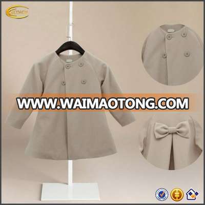 Ecoach Korean style baby girls Double-breasted leg length Coat Soft Woolen Jacket with cute Bowknot back waist Windbreaker